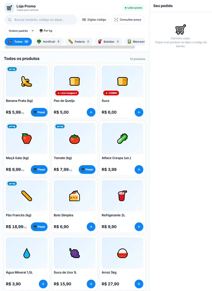 Tela do totem com os produtos, o carrinho e o botão de finalizar pedido